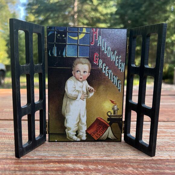 Ellen Clapsaddle Halloween Greetings Wood Window Spooky Table Decor Vintage 90s - Picture 1 of 16